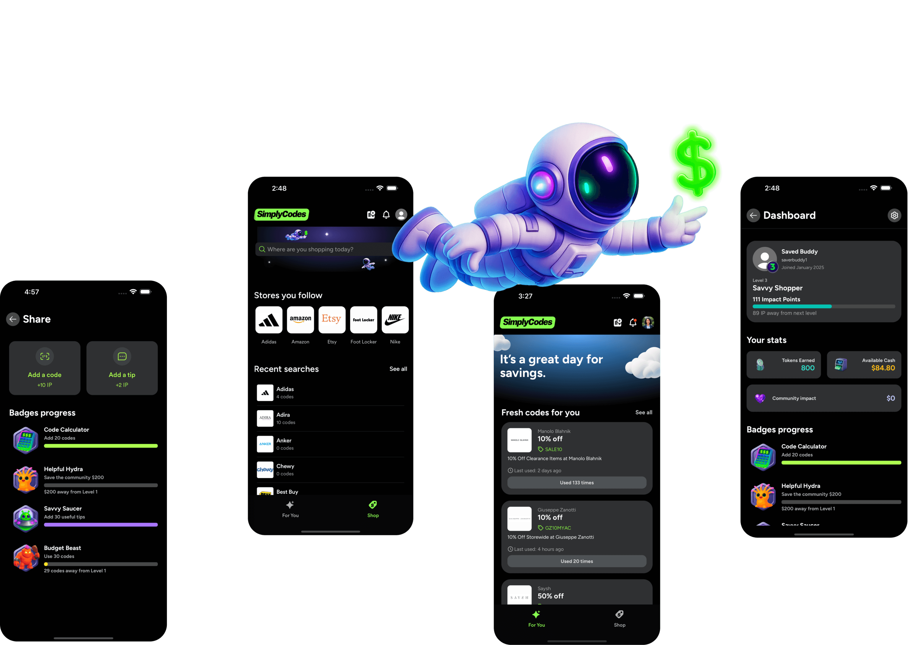 SimplyCodes app mockups with AI character